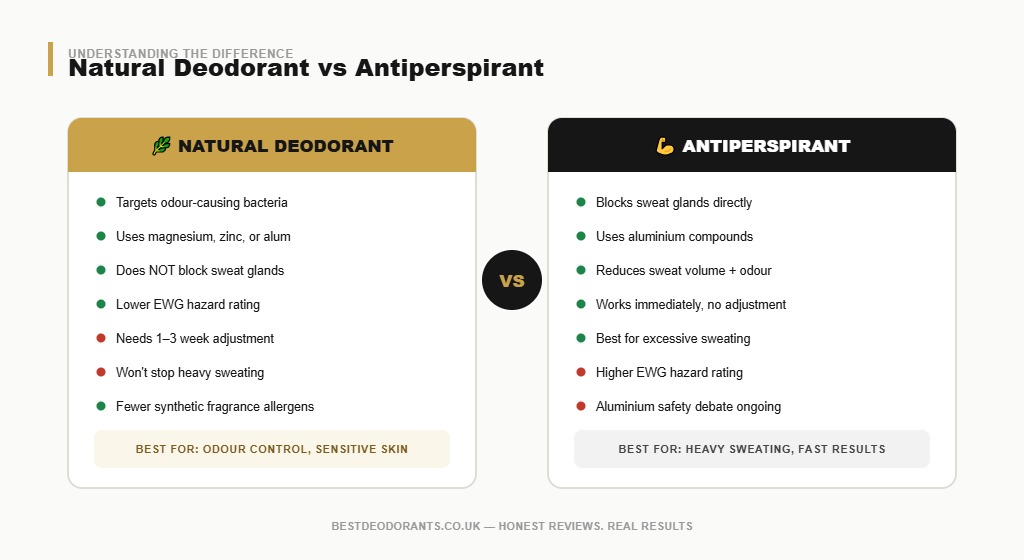 Side-by-side comparison of natural deodorant versus antiperspirant showing how each works